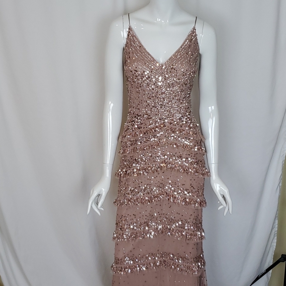 Adrianna Papell Rose Gold Bead Mesh Dress